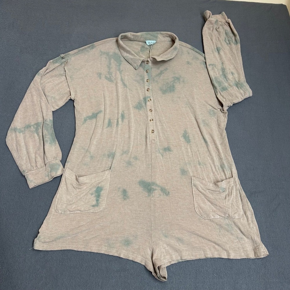 POL Romper Womens Large Tan Tie Dye Excellent Long Sleeve Henley Button Pocket